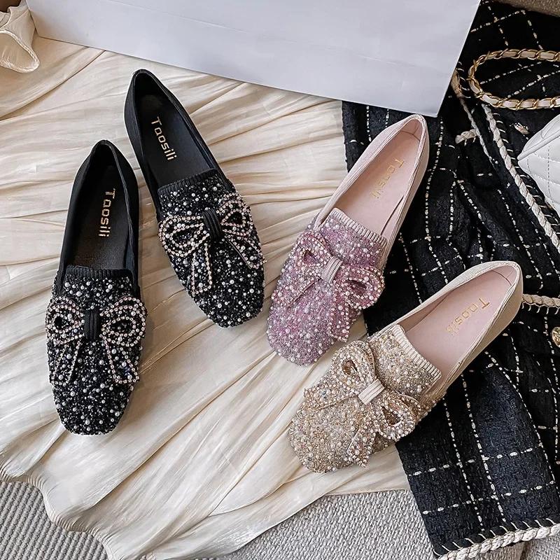 Fashion Flat Shoes for Women Spring Autumn New Bow-knot Pearls Women Shoes Flats Retro Light Slip On Casual Loafers Zapatillas Mujer