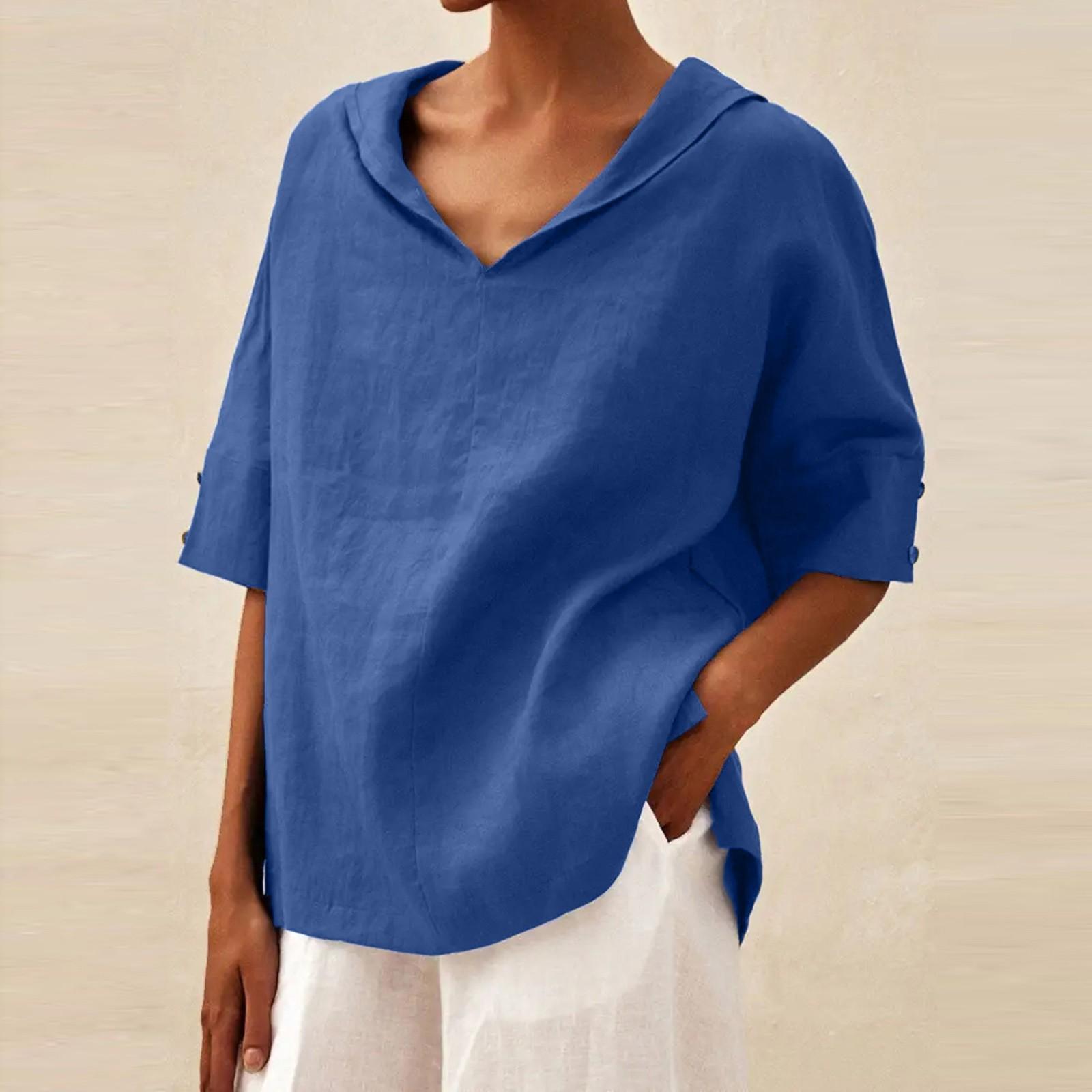 

Жіноча однотонна осіння футболка з бавовни та льону з V-подібним вирізом і середніми рукавами на ґудзиках XXXL синій