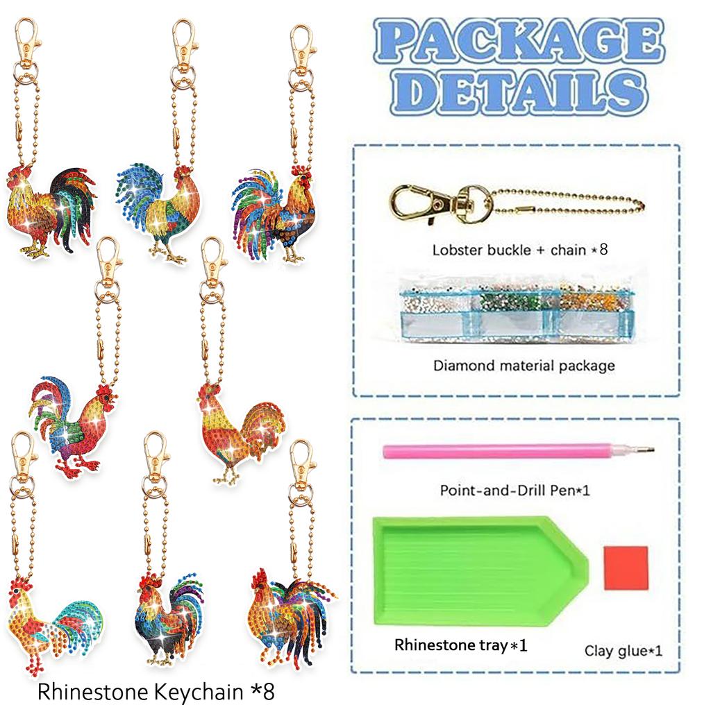 8 STÜCKE/Set DIY Acryl Diamantmalerei Schlüsselanhänger/Taschenanhänger mit doppelseitigem Kuh/Bunte Katze/Hahn Musterdesign