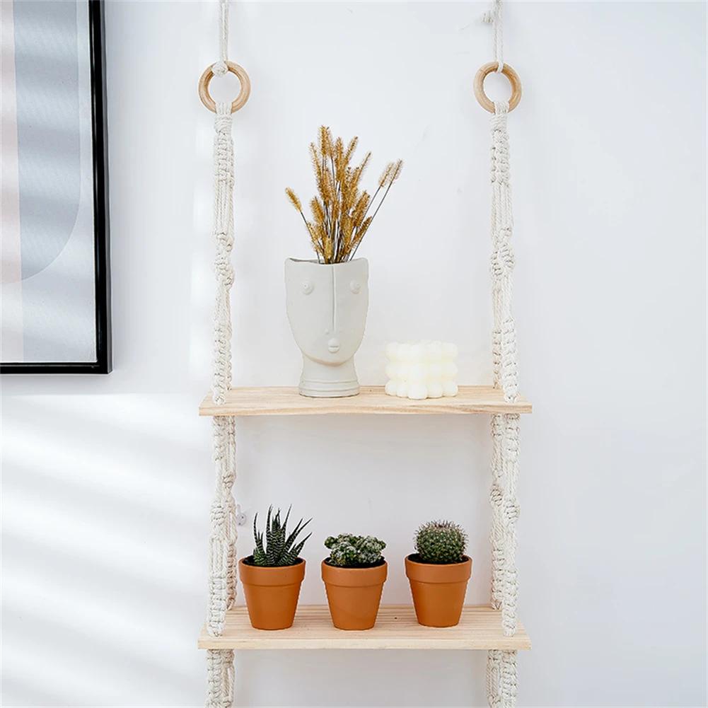 Macrame Shelf Wall Hanging Wood Floating Shelf with Woven Rope Rustic Storage Organizer 3 Tier Rack Boho Decor for Living Room