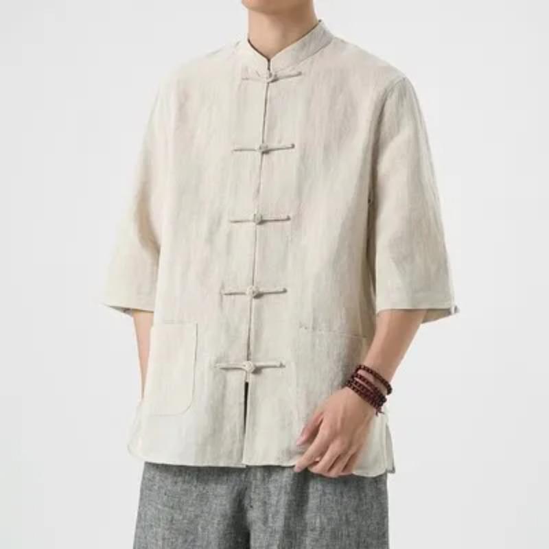 Chinese Style Mens Linen Summer Shirt Retro Stand Collar Half Sleeve Chinese Kong Fu Suit Men Hanfu