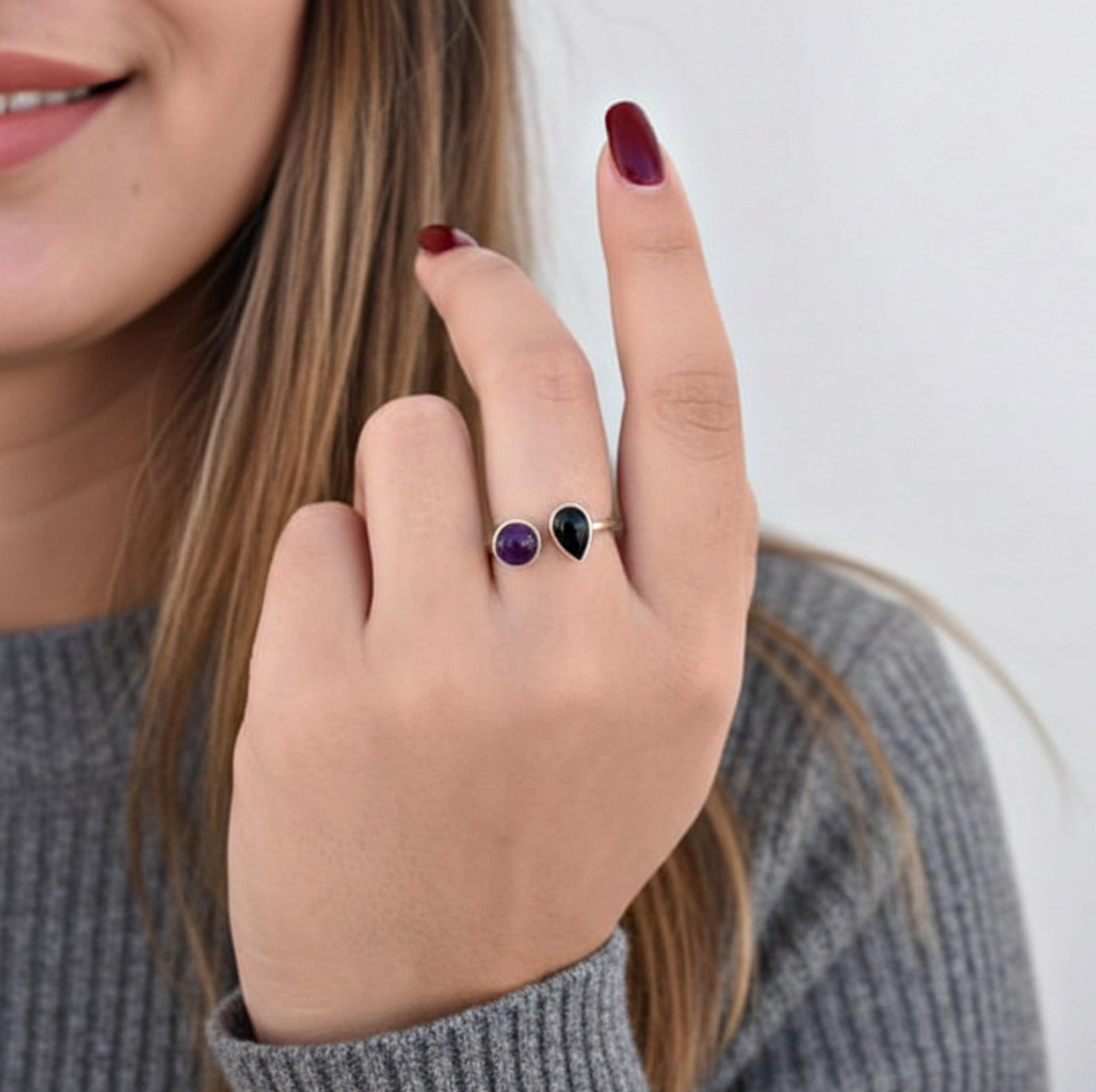 

Black Onyx Amethyst 925 Silver Ring, Adjustable Minimalist Dual Stone Ring, Handmade Jewelry, Gift for Her 12 серебряный