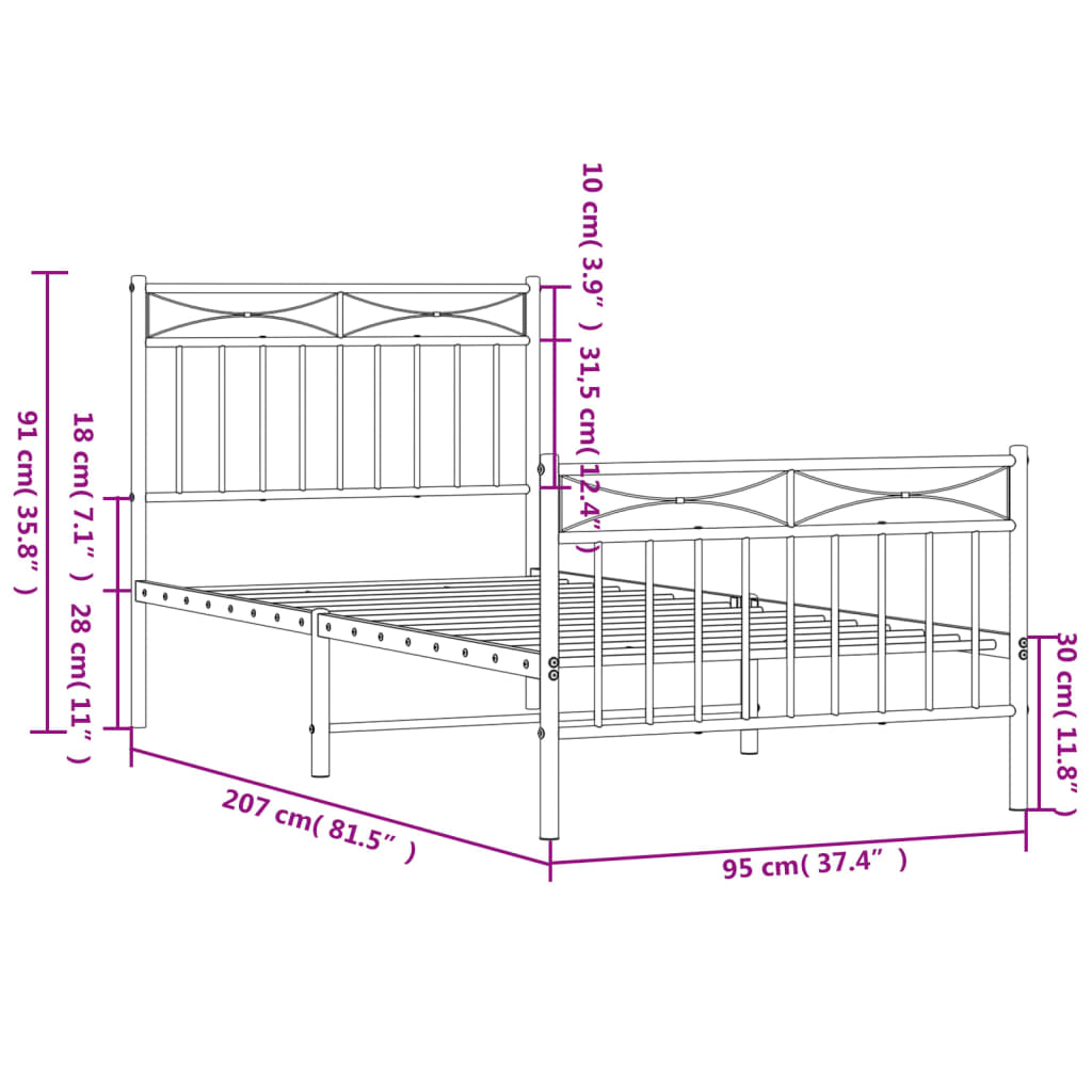 Metal Bed Frame with Headboard and Footboard Black 90x200 Cm