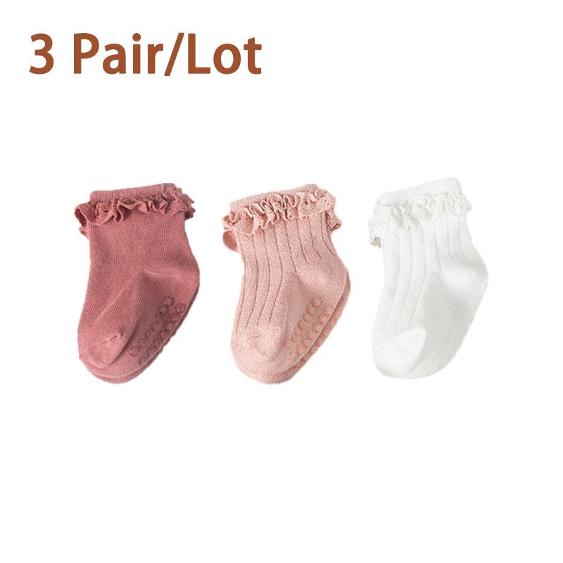 3/5 Paar/Los Neue Baby Kinder Rutschfeste Herbst Winter Baumwollsocken Einfarbig Baby Fußsocken Mädchen Atmungsaktive Rüschensocken