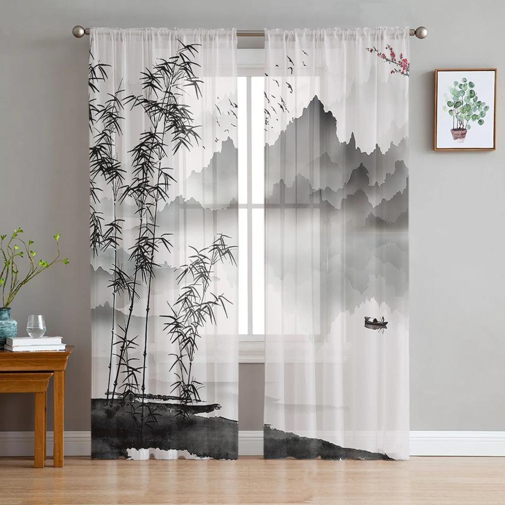 Chinese Ink Landscape Painting Bamboo Sheer Voile Curtains for Bedroom Living Room Kitchen Decor Chiffon Tulle Windows Curtain