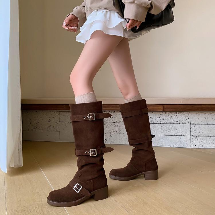2025 autumn and winter temperament thin ins leather buckle belt pleated knight boots genuine leather but knee boots children