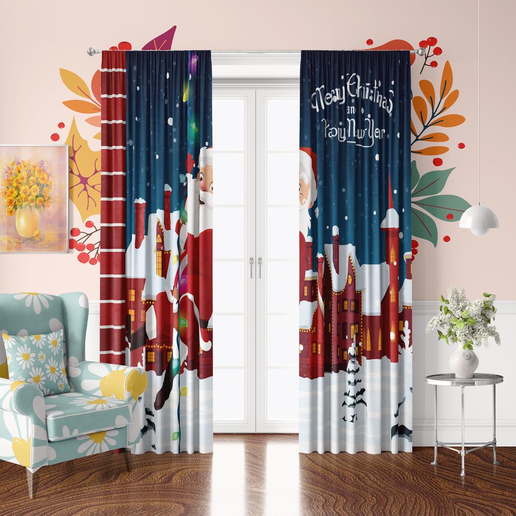 2 pcs - Town Christmas decoration printed curtains - Polyester material - suitable for bedroom, living room, study