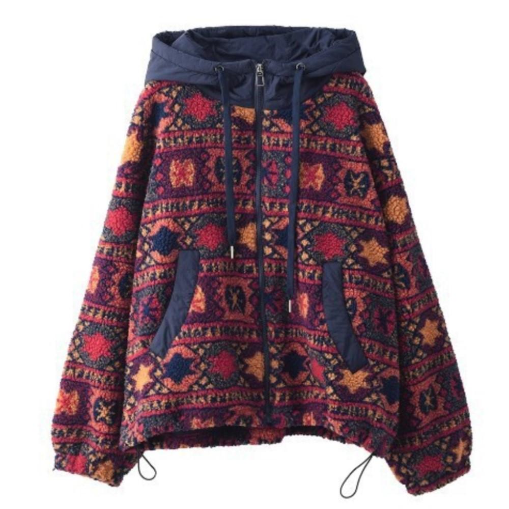 Johnature Women Vintage Hooded Print Floral Zipper Warm Winter Coats Chinese Style Long Sleeve Female Coats