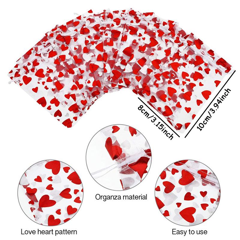 

100pcs Red Heart Printing Drawstring Organza Bags Gift Bag Jewelry Packaging Bags Wedding Party Gifts Pouches Display 10x8cm