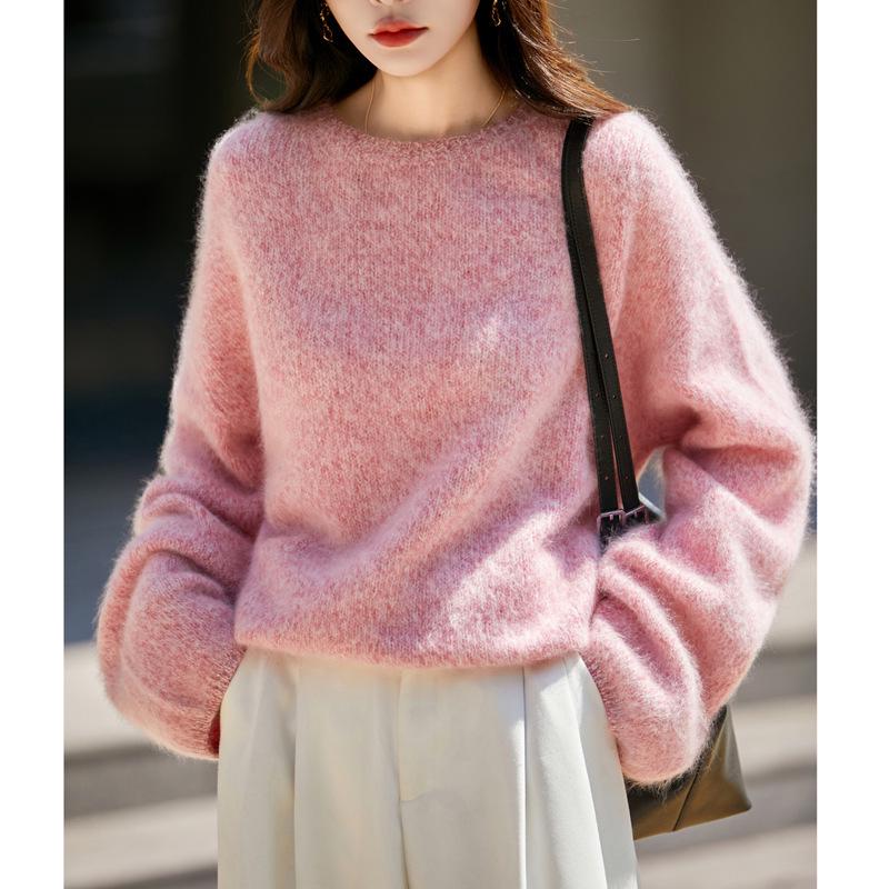 Women's Marled Yarn Thick Plush Wool Sweater - Autumn/Winter Loose Knit Pullover, Lazy Style Base Layer