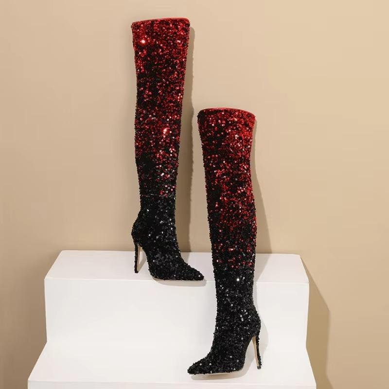 Europäische und amerikanische sexy Paillettenstoffe mit Farbverlauf, High Heels, Seitliche Reißverschlüsse, Knielange Mode-Stiefel, Damenstiefel mit dicker Sohle
