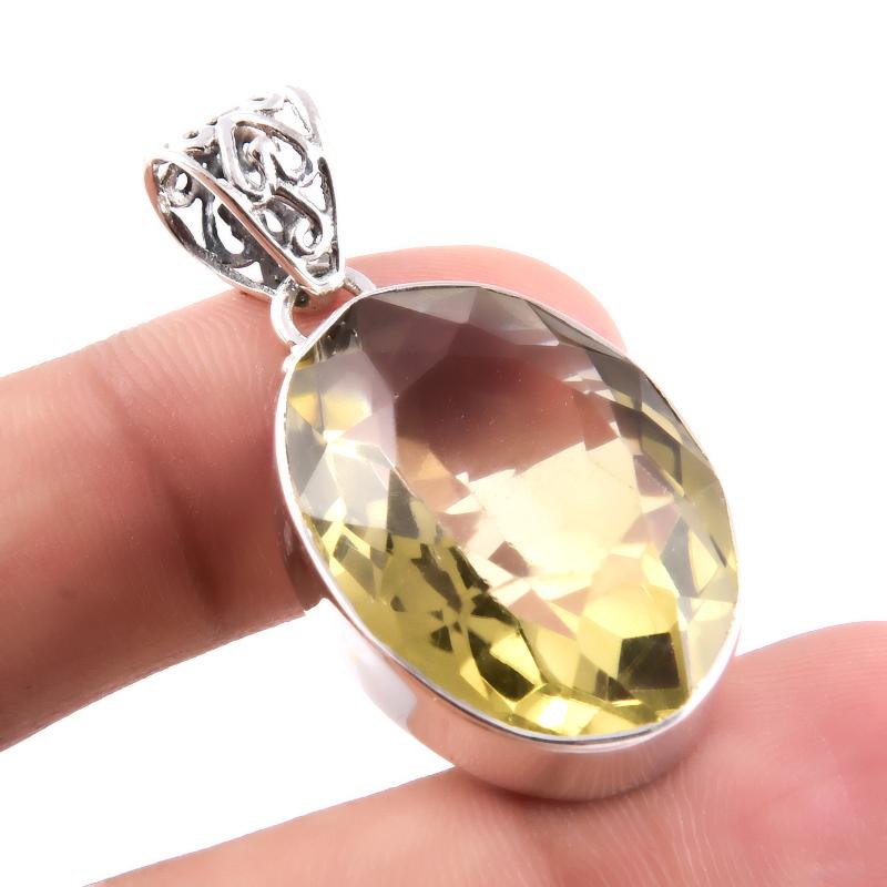 Natural Lemon Quartz Gemstone 925 Solid Sterling Silver Gift Pendant 1.6" T2z10
