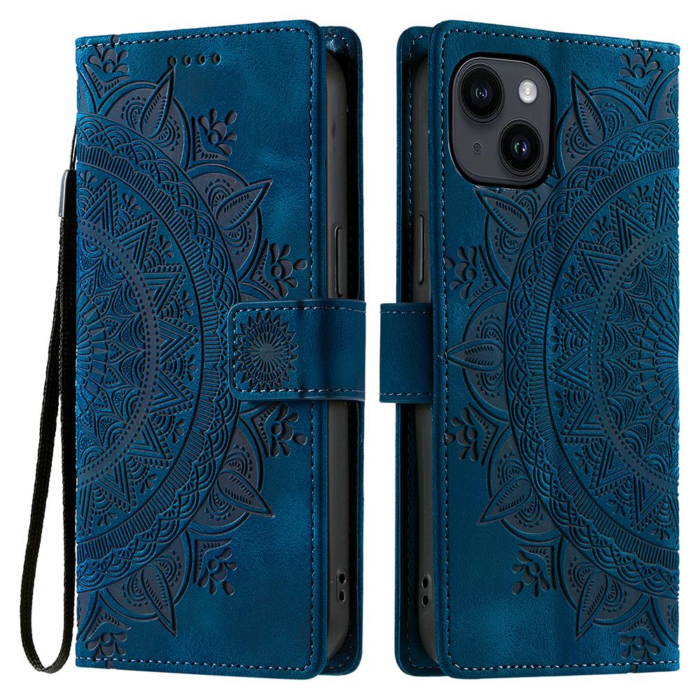Style 018 For iPhone 15 Case Imprinted Totem Skin Feel Wallet Leather Phone Cover B