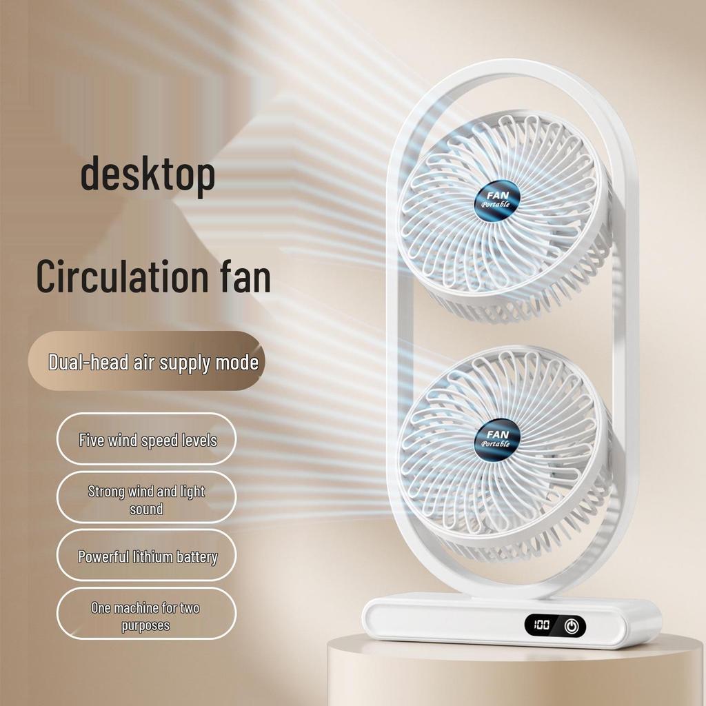 High-Power Dual-Head Desktop Circulation Fan with USB Display for Home, Office, and Camping