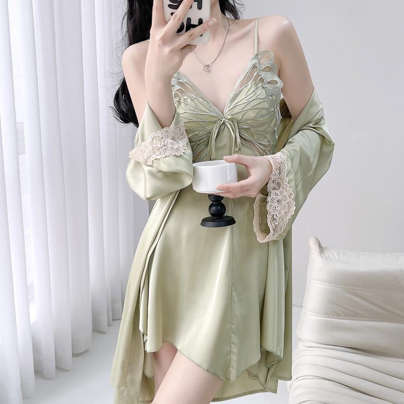 Butterfly Lace Backless Ice Silk Pajamas with Chest Pads – Women's Thin Sexy Camisole for Summer, Spring, and Autumn Nights