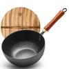 Mini Derin 9cm Nitrür Demir Dokulu Çin Demiri Doğal Ahşap Kapak İndüksiyon Gaz Kolay Kızartma ile Daha Az İdeal Ev Kampı için Wok, Sote Tavası,