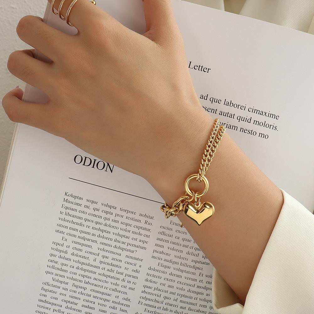 Statement Heart Pendant Bracelet Stainless Steel Gold color Zircon Fashion Metal Texture Bracelet Accessories 2023
