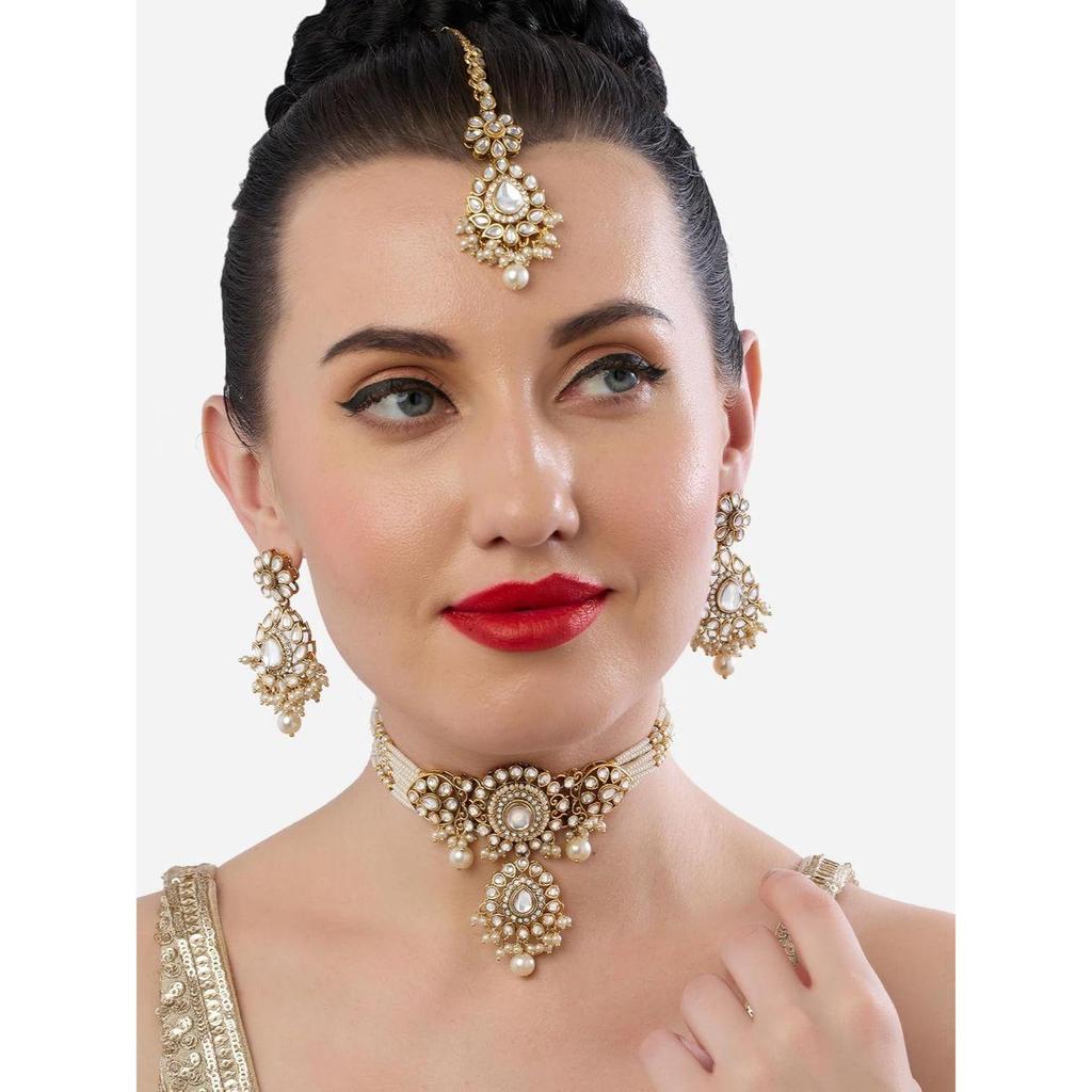 Tone Dazzling Kundan Multistrand Pearls Choker Necklace Earring & Maangtikka Set For Women