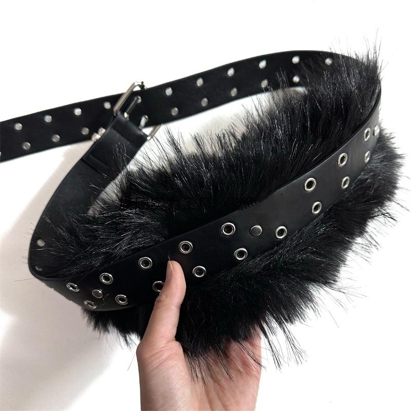 New Retro Punk Y2K Fluffy Faux Fur Waist Belt Women Fashion Accessories Pu Leather Waistband Gothic Style