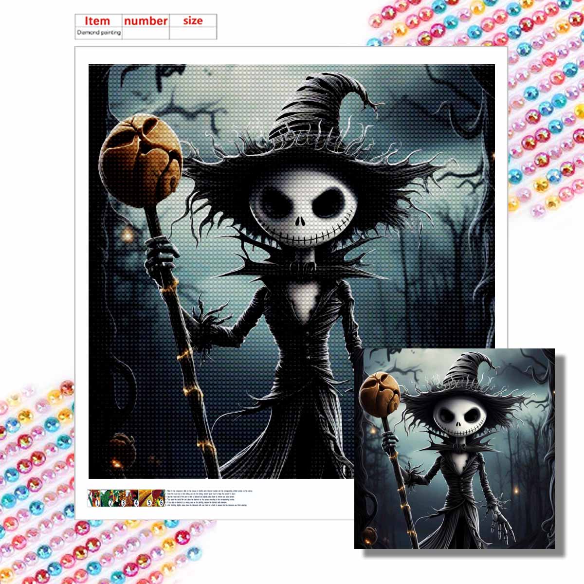 

5D DIY Diamond Painting Decorative Skeleton Mage Full Round Drill Scenery Diamond Embroidery Cross Stitch Kits Home Decor Gift Round 20x20cm