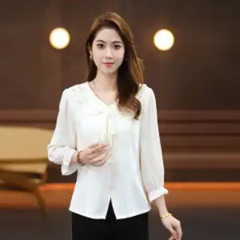Women's White Lace Blouse Long Sleeve Ruffle Neck Bow Tie Detail Casual Top