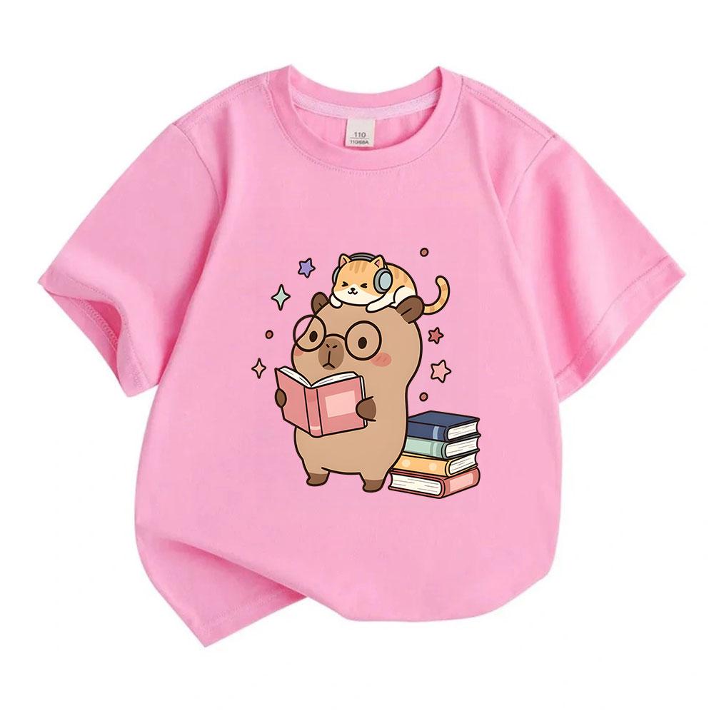 Kids Boys Girls 100% Cotton Crew Neck Short Sleeve T-Shirt, Cute Capybara Reading Book Cat With Headphones Print Casual Comfy Tee For Daily School Pla
