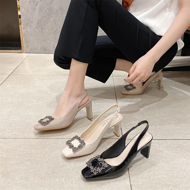 8-Summer Back Empty Thick Heels High Heels Patent Leather Square Buckle Single Shoes Women's Professional Bag Head Sandals Breathable
