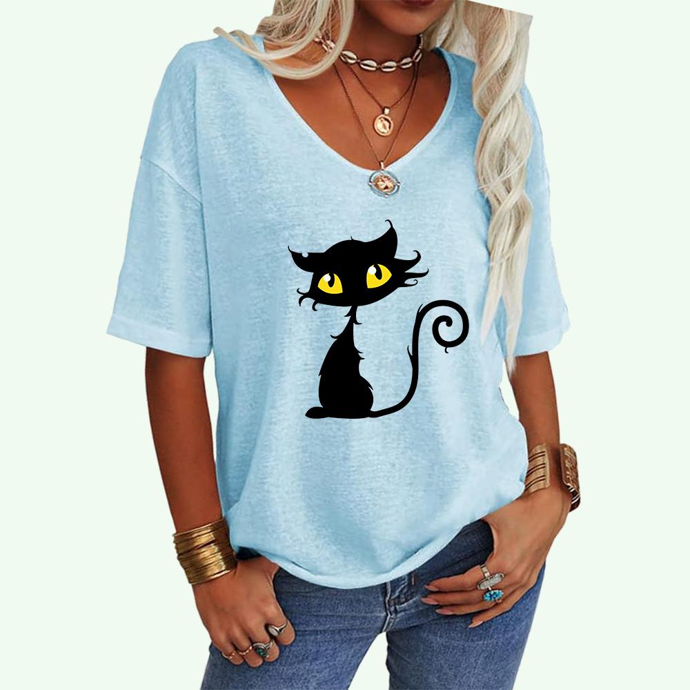 Women Fashion V Collar Loose Tee Shirt Casual Cat Print Top Ladies Short Sleeve T-shirt