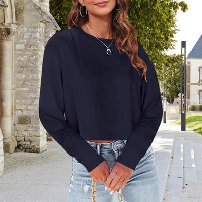 Women's Cropped Sweatshirts Long Sleeve Pullover Fleece Crop Top Over Sized Round Neck T-shirts for Autumn Winter