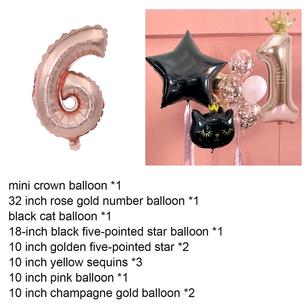 12Pcs Rose Gold Number Crown Cat Balloons Set Metallic Latex Five-pointed Star Sequin Balloons for Happy Birthday Party Decorations