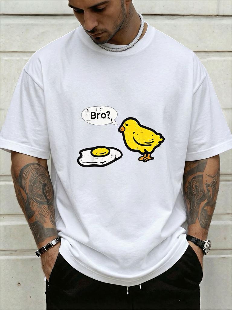 Funny Retro Chick Fried Egg Bro Dialogue Cartoon Graphic Print Unisexs Crew Neck Short Sleeve Tee Casual Daily Soft Basic Wear Top