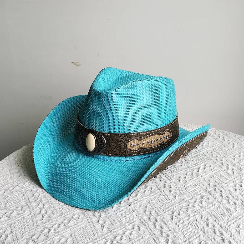 Melesh Western Cowboy Hat Summer Women's Straw Cowboy Hat Pearl Accessories Wide Brim Sun Protection Beach Western Cowboy Hat