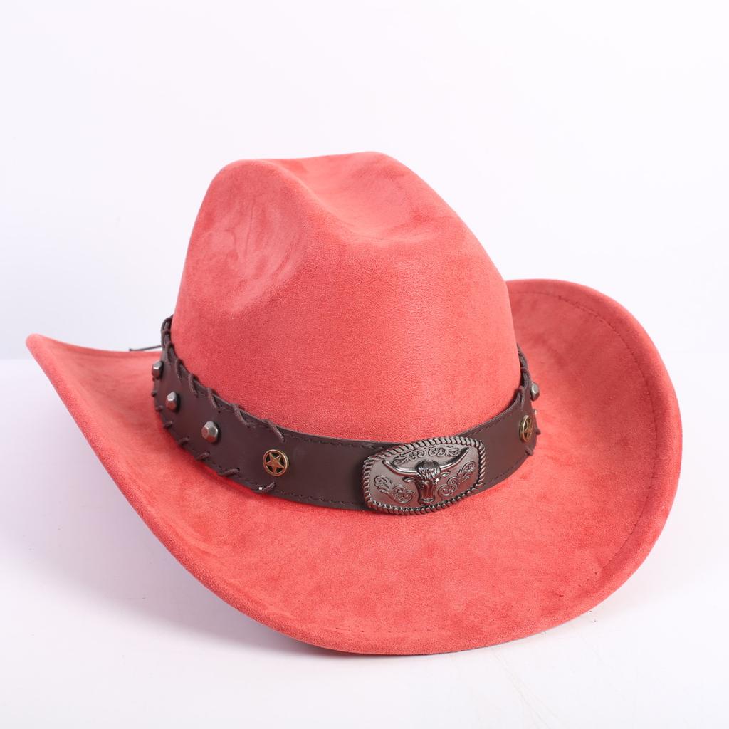 New western cowboy hat men's and women's wide-brimmed top hat bull head rivet belt buckle sun hat