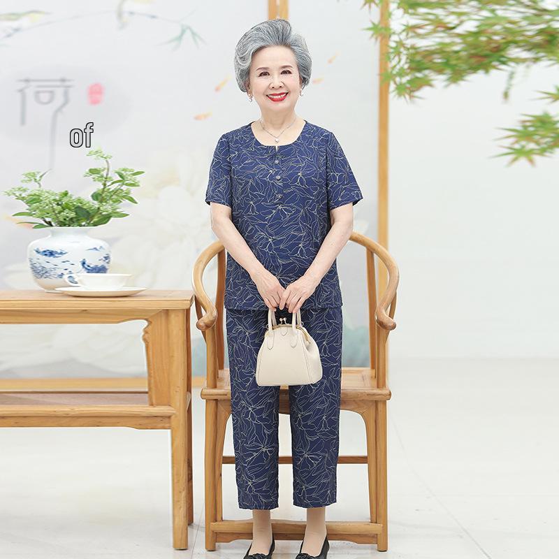 

Women s Plus-Size Summer Cotton Two-Piece Set: Short-Sleeved T-Shirts & Pants for Mature and Elderly Women 2XL (110-120 lbs)