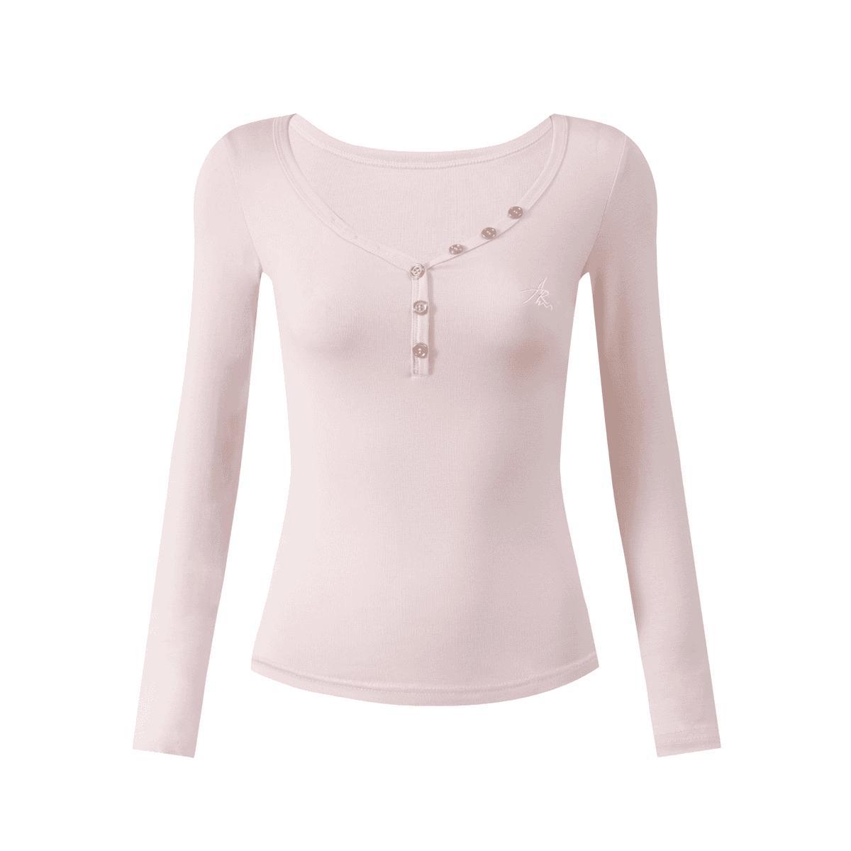 

Sweet and spicy V-neck button design sense niche long-sleeved T-shirt women s autumn shoulder slim-fitting and thin bottoming shirt top S розовый