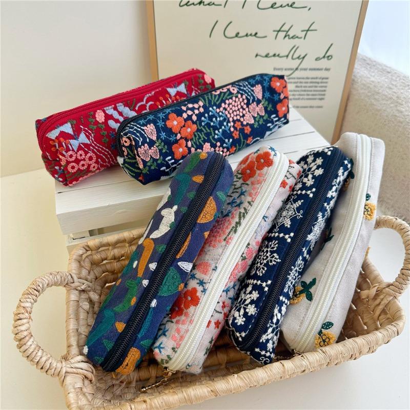 1Pcs Embroidered Exquisite Pencil Box with Retro Multi Color Pattern Details Stationery Storage Student Supplies