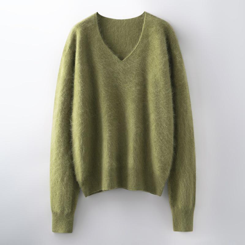 V-Neck Wool Cashmere Loose Brushed Sweater - Solid Color, Versatile, and Skin-Friendly Knitwear