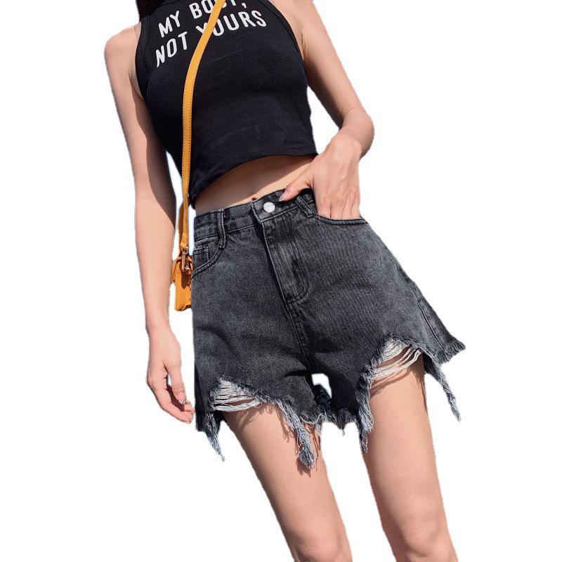 Genç Skinny Moda ve Çok Yönlü Denim Şort Kadın Bol Yazlık İnce Kesim Büyük Beden Yüksek Bel İnce A Kesim Geniş Paça Yırtık Pantolon