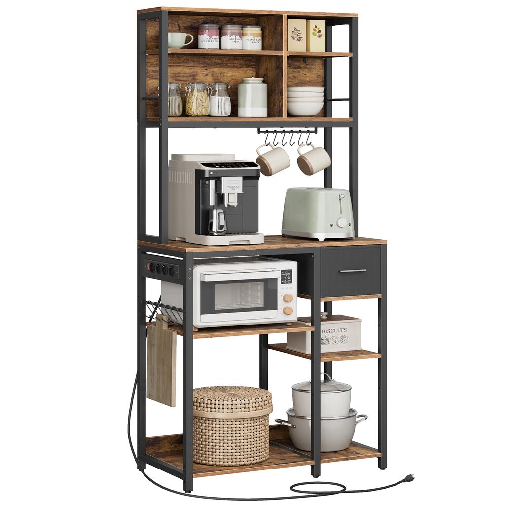 VASAGLE Kitchen Shelf with Power Strip, Coffee Bar with Adjustable Shelves, Fabric Drawer, 12 Hooks, 40 x 80 x 180.2 cm, Microwave Stand