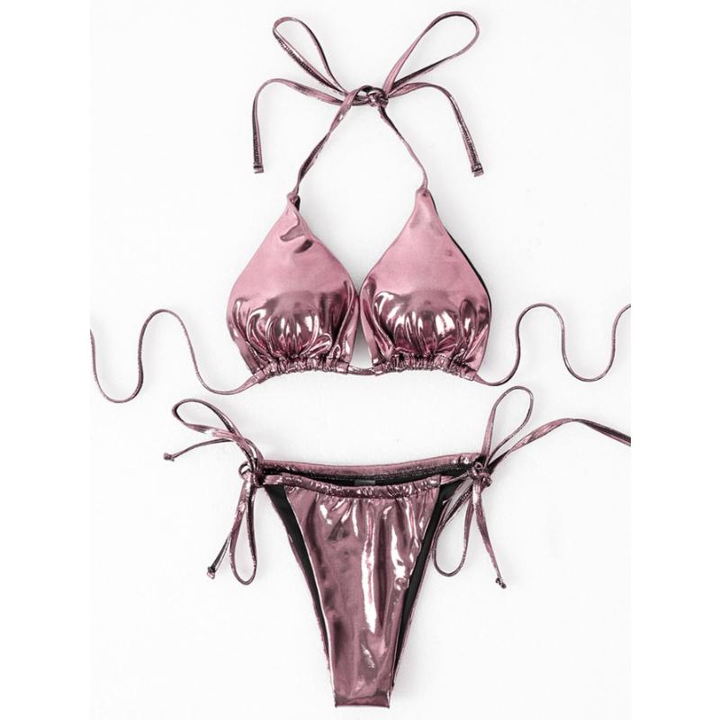 Neckholder-Push-up-BH, Strand-Badeanzug, Badebekleidung, Strandkleidung, 3-teiliges Bikini-Set mit Faltenrock, glänzender massiver Gold-Badeanzug