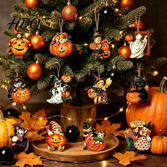 Retro Cartoon Style Party Favors Halloween Wooden Pendants with Lanyard Vintage Hanging Ornaments Pumpkin Ghost Black Bulk Decorations for Events Cat