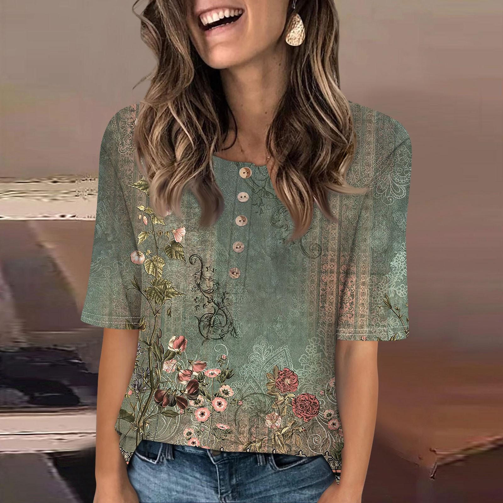 

Женский свободный повседневный топ с круглым вырезом и пуговицами с коротким рукавом и цветочным принтом L