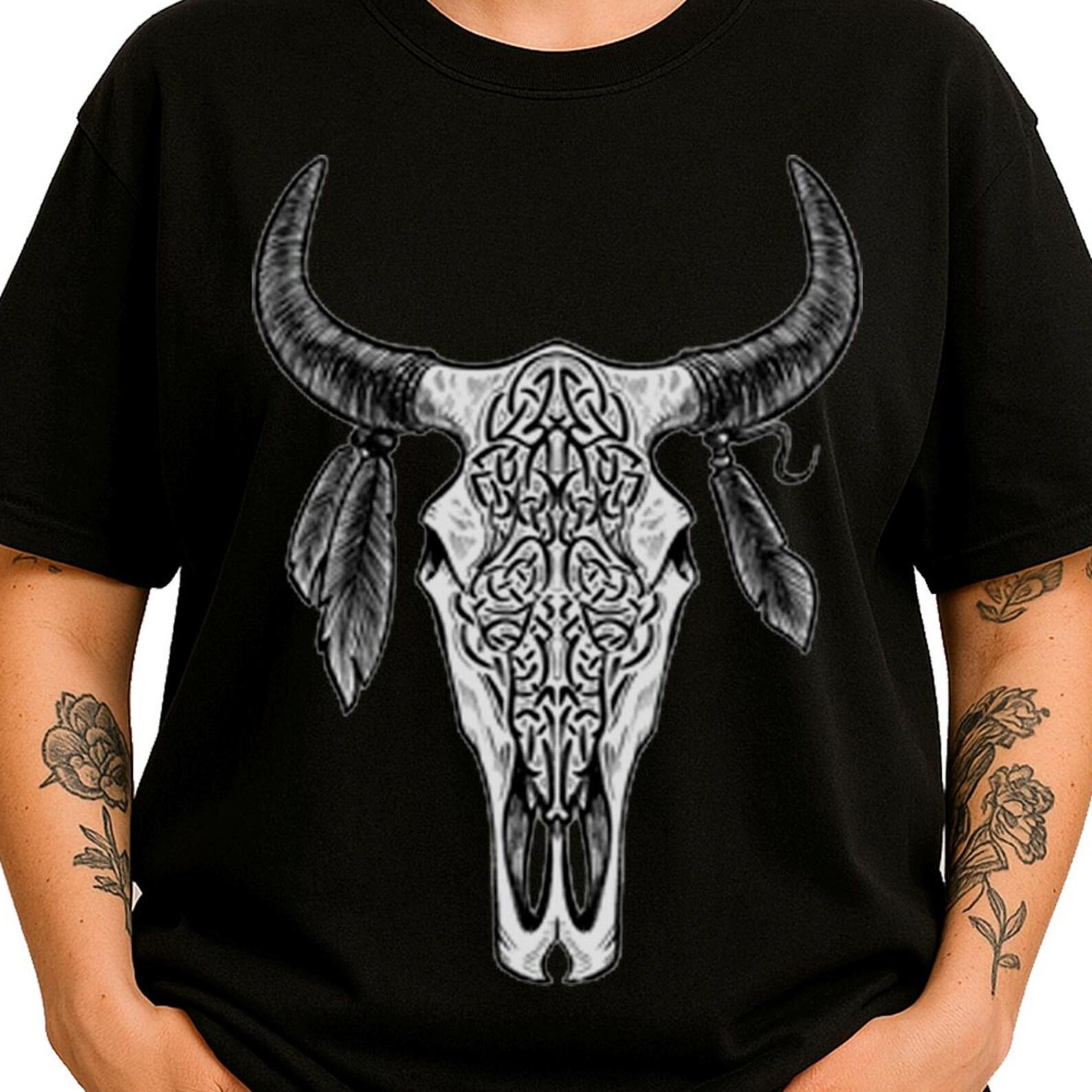 Tribal Bull Skull T-Shirt: Gothic Western Boho Tee S