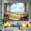 2D Oil Painting Window Backdrop, Flower Pot & Meadow Photography Background