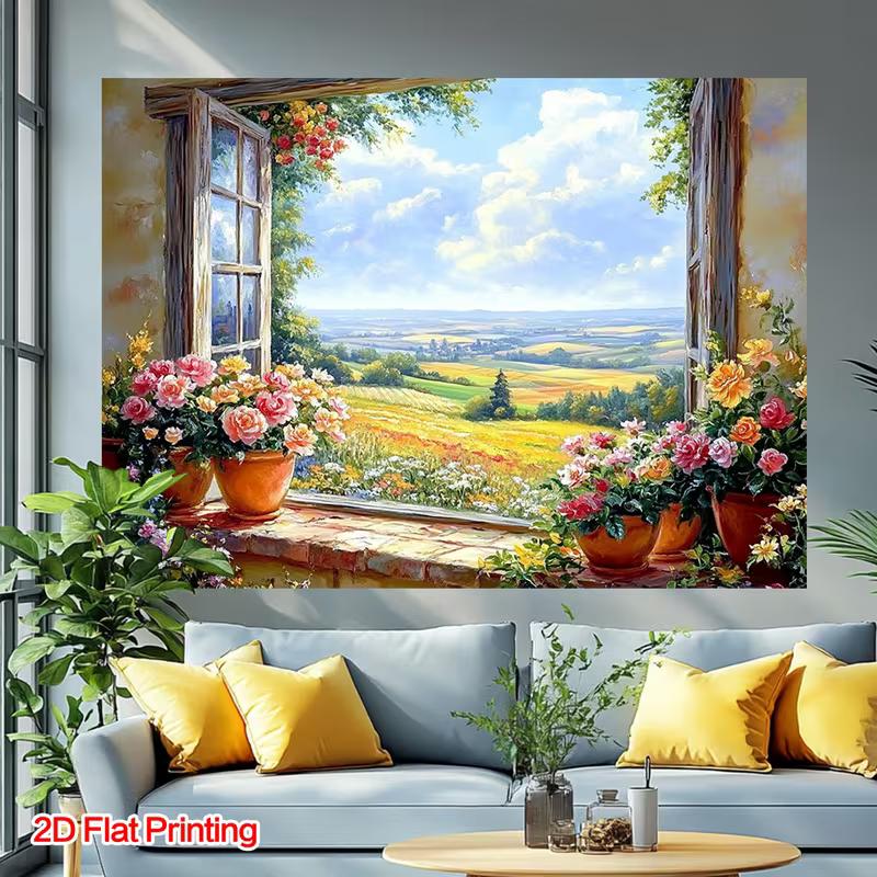 2D Oil Painting Window Backdrop, Flower Pot & Meadow Photography Background