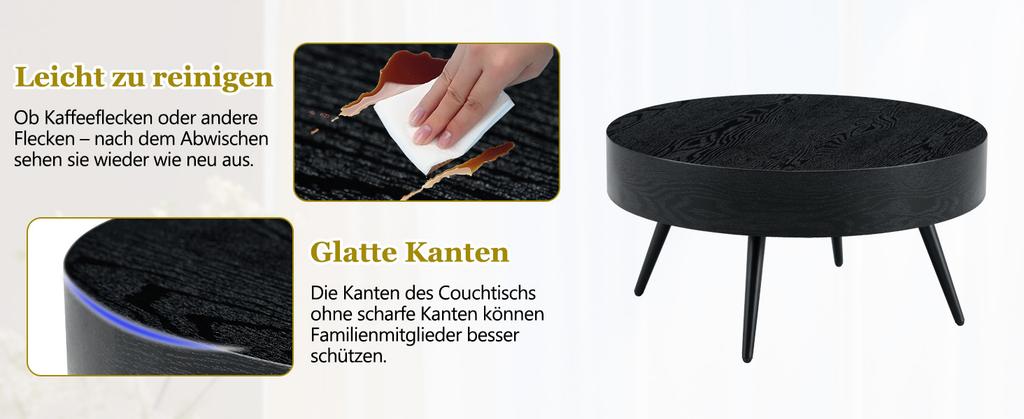 Tavolino da Caffè Rotondo con Diametro 70 cm in Legno Nero (MDF) & Gambe in Metallo Nero. Design Minimalista, Ideale per Soggiorno e Spazi Piccoli.