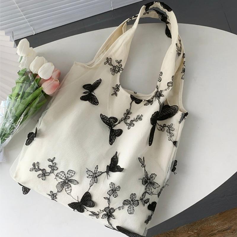 Embroidery Shoulder Canvas Bag Reusable Portable Large Capacity Foldable Storage Bag Shopping Bag Lady Handbags Bolsa Feminina