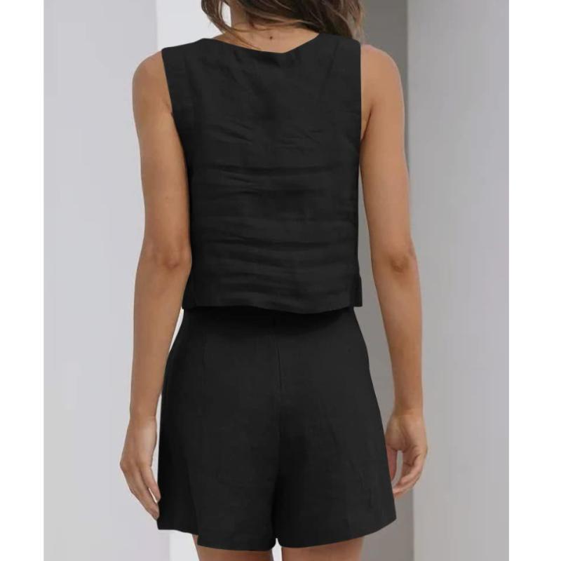 Women's 2-piece Casual Fashion Suit  Linen Shorts Sleeveless Top Vest