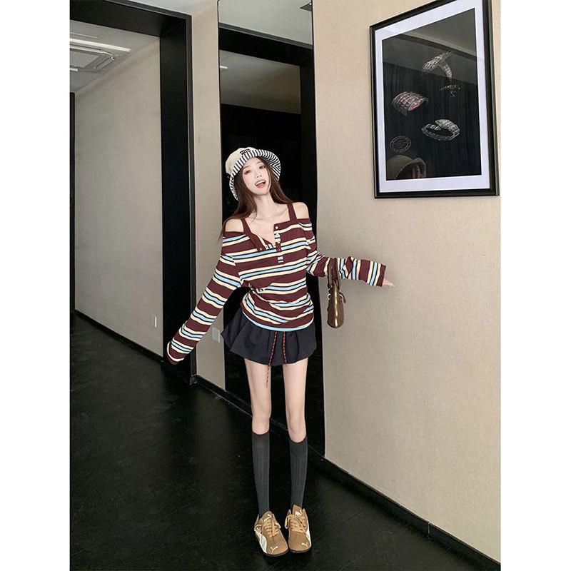 Korean Style One-Shoulder Contrast Stripe Patchwork Long-Sleeve T-Shirt with Spaghetti Straps for Women - Spring/Autumn Chic Top