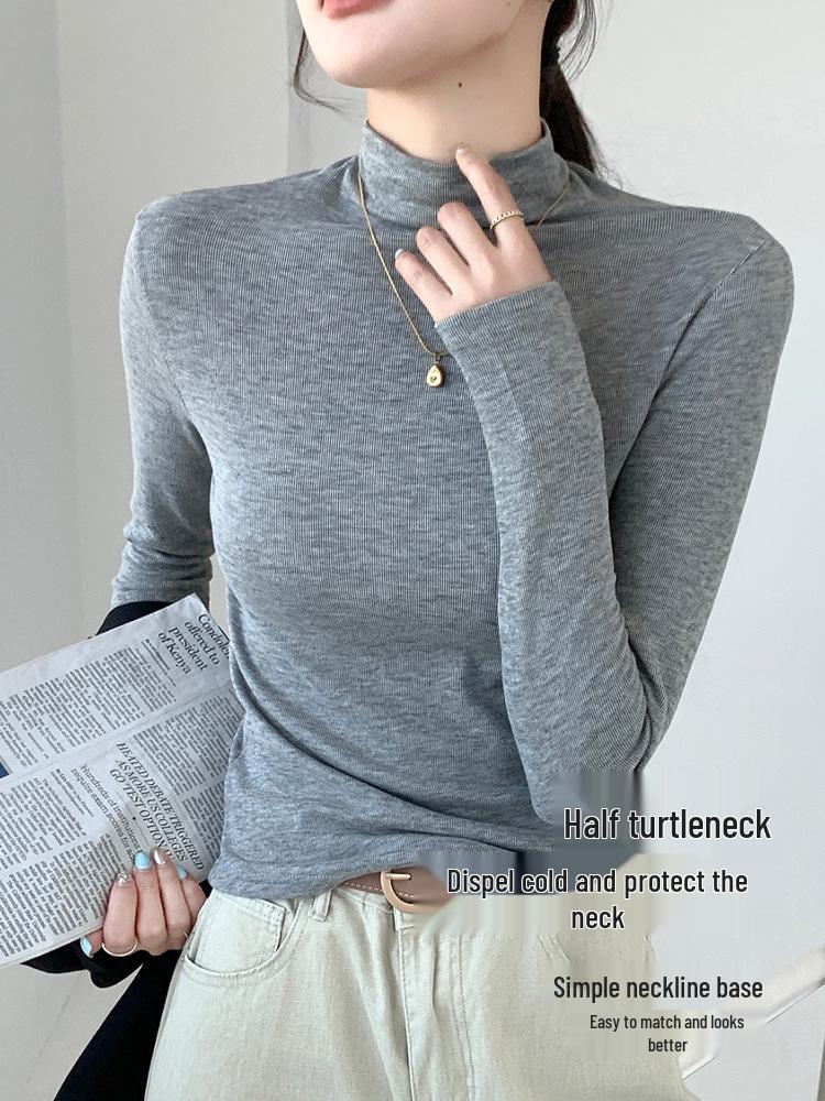 Women's H393 High-Neck Slimming Base Layer: Warm Long-Sleeve Solid Mid-Neck T-Shirt for Autumn/Winter.